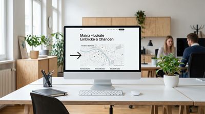 Eine Webseite auf einem Monitor. Man sieht deutlich eine Überschrift mit Ortsnamen "Mainz". Ein Pfeil zeigt auf eine eingebettete Karte. Zeigt lokale Relevanz. style: editorial photography, modern office context, minimal design, authentic lighting, 4k